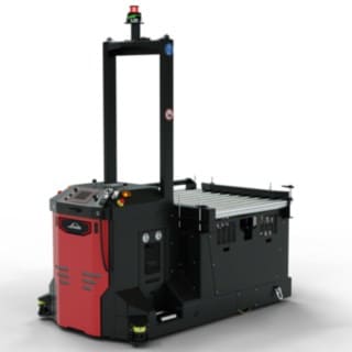 Avtomatizirano transportno vozilo I-MATIC CT core podjetja Linde MH za prevzem in transport blaga iz transportnega sistema.
